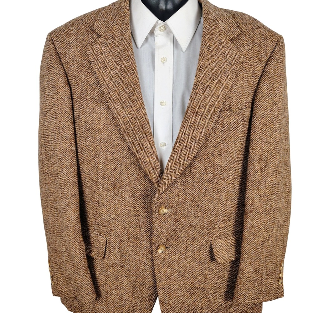 Lands End Mens 44R Harris Tweed Blazer Brown Wool Herringbone Dark Academia